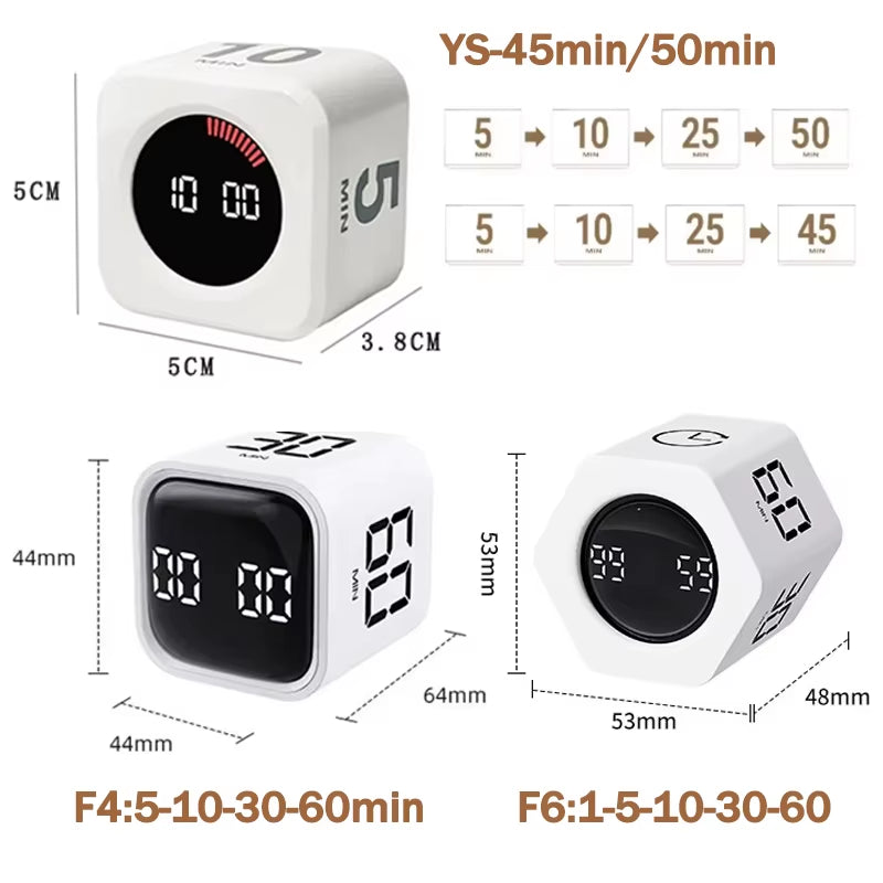 Productivity Timer Productivity Cube Timer Gravity Sensor LED Display 4 Preset Time Kids Time Management Kitchen Countdown Timer